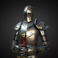 Medieval Knight Armor With Silver Metallic Finish Gold Accents And Red Sword Cross Emblem