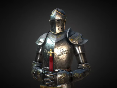 Medieval Knight Armor With Silver Metallic Finish Gold Accents And Red Sword Cross Emblem 3d model