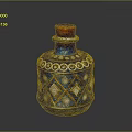 Blue Ceramic Decorative Bottle With Red Cork Stopper And Geometric Patterns