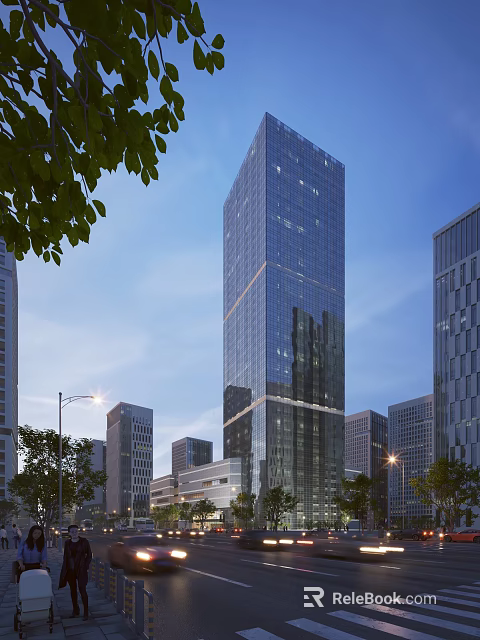 Modern High Rise Office Building with Glass Facade in Urban Skyline Surrounded by Buildings 3d model 