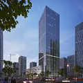 Modern High Rise Office Building with Glass Facade in Urban Skyline Surrounded by Buildings
