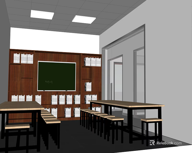 School Classroom Interior With Blackboard Bookshelves Lined With Books Tables And Stools 3d model 