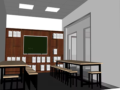 School Classroom Interior With Blackboard Bookshelves Lined With Books Tables And Stools 3d model