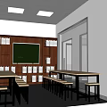School Classroom Interior With Blackboard Bookshelves Lined With Books Tables And Stools