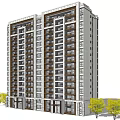 Modern Residential Building With Multiple Floors Uniform Windows And Surrounding Trees 3d model