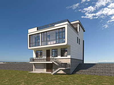 Modern Detached Villa Two Story Design With Large Glass Windows Balcony Staircase And Grass Lawn 3d model