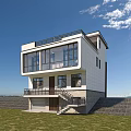 Modern Detached Villa Two Story Design With Large Glass Windows Balcony Staircase And Grass Lawn