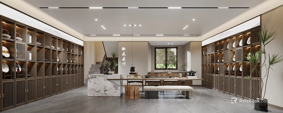 Elegant Modern Chinese Specialty Store Interior With Display Shelves Tea Table And Pendant Lights 3d model 