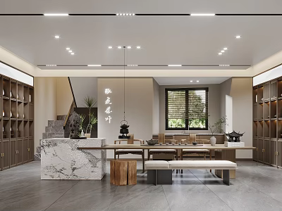 Elegant Modern Chinese Specialty Store Interior With Display Shelves Tea Table And Pendant Lights 3d model