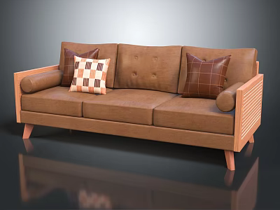 Brown Fabric Three Seater Sofa with Wooden Frame Arms and Accent Pillows 3d model
