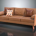Brown Fabric Three Seater Sofa with Wooden Frame Arms and Accent Pillows