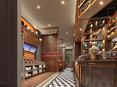 Traditional Hot Pot Restaurant Interior With Wooden Decor Display Shelves And Dining Tables 3d model