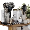 Daily Washing Products Display On Wooden Round Table With Perfume Bottles Towels Candles And Plants