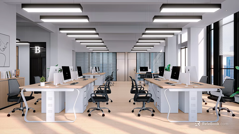 Modern Public Office Space With Desks Computers Office Chairs And Linear Ceiling Lights 3d model 