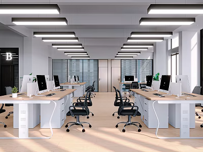 Modern Public Office Space With Desks Computers Office Chairs And Linear Ceiling Lights 3d model