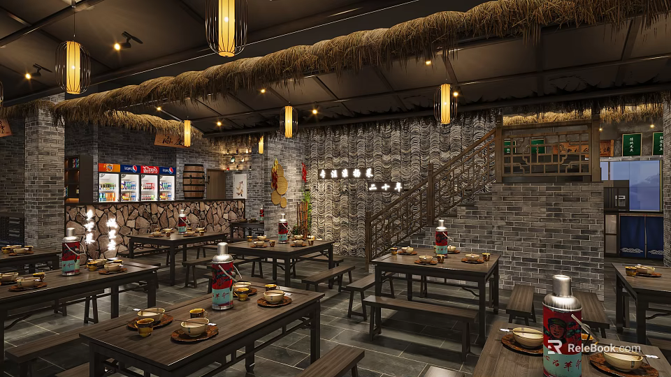Chinese Restaurant With Thatch Roof Stone Walls Wooden Tables Chairs Red Lanterns And Menu Boards 3d model 