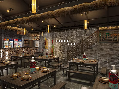 Chinese Restaurant With Thatch Roof Stone Walls Wooden Tables Chairs Red Lanterns And Menu Boards 3d model