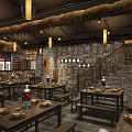 Chinese Restaurant With Thatch Roof Stone Walls Wooden Tables Chairs Red Lanterns And Menu Boards