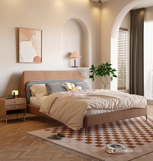 Cozy Bedroom Interior With Brown Headboard Striped Bedding Wall Art And Green Plant 3d model 