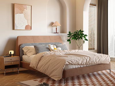 Cozy Bedroom Interior With Brown Headboard Striped Bedding Wall Art And Green Plant 3d model