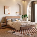 Cozy Bedroom Interior With Brown Headboard Striped Bedding Wall Art And Green Plant