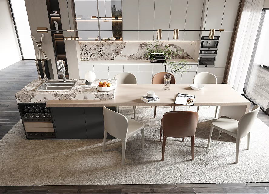 Modern Kitchen Interior With Dining Table Set Mixed Color Chairs And Marble Countertop 3d model 