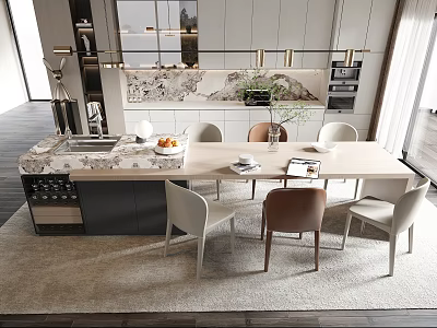 Modern Kitchen Interior With Dining Table Set Mixed Color Chairs And Marble Countertop 3d model