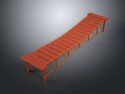 Orange Long Bench With Wooden Slats And Metal Frame Structure Design 3d model