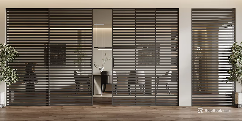 Modern Sliding Doors with Horizontal Slats in Interior Dining Area and Wooden Floor 3d model 