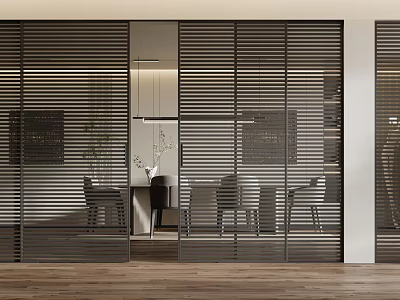 Modern Sliding Doors with Horizontal Slats in Interior Dining Area and Wooden Floor 3d model