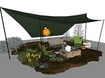 Outdoor Garden Seating Set With Green Chairs Sofa Crate Table Canopy And Yellow Flowers 3d model