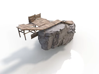 Natural Rock Formation With Wooden Platform And Bench Structure 3d model