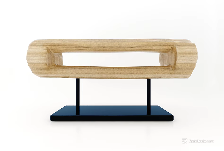 Decorative Ornament Combination with Wooden Open Rectangular Design on Black Metal Stand and Square Base 3d model 