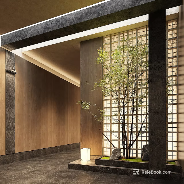 Wooden Lattice Room Divider With Green Plant And Stone Decor In Modern Interior 3d model 