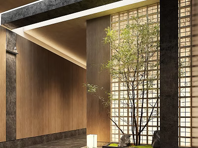Wooden Lattice Room Divider With Green Plant And Stone Decor In Modern Interior 3d model