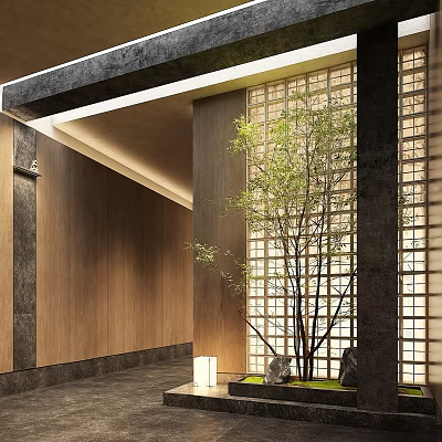 Wooden Lattice Room Divider With Green Plant And Stone Decor In Modern Interior 3d model