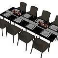 Glass Dining Table With Eight Grey Chairs Vases Red White Flowers White Plates Glasses