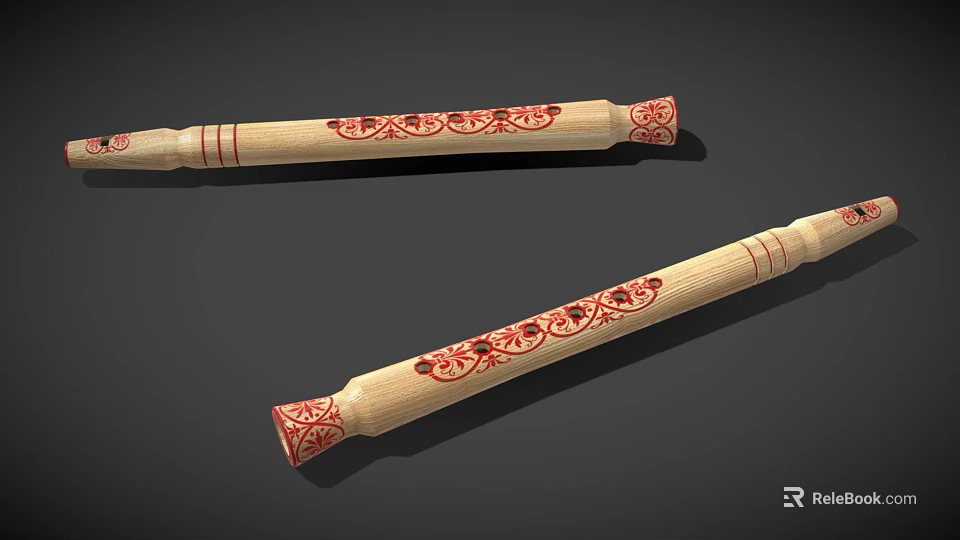 Traditional Bamboo Musical Instruments and Painting Tools with Carved Red Floral Patterns 3d model 