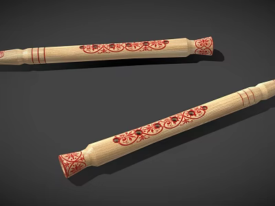 Traditional Bamboo Musical Instruments and Painting Tools with Carved Red Floral Patterns 3d model