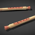 Traditional Bamboo Musical Instruments and Painting Tools with Carved Red Floral Patterns