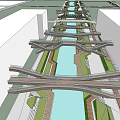 Modern Landscape Bridge With Wooden Beams Over Water And Greenery On Both Sides