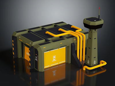 Military Style Industrial Facility With Green Exterior Yellow Pipes And Control Tower 3d model