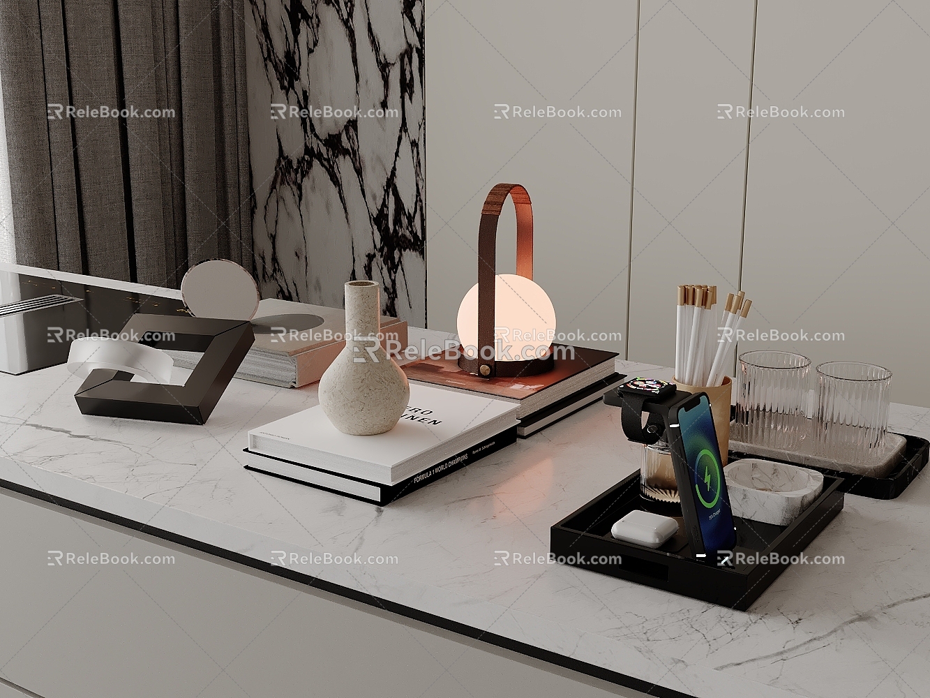 Modern table ornaments books desk lamp mobile phone mirror smoke 3d model