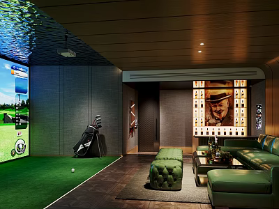 Indoor Golf Practice Studio With Large Screen Green Artificial Turf Golf Bag And Comfortable Seating 3d model