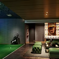 Indoor Golf Practice Studio With Large Screen Green Artificial Turf Golf Bag And Comfortable Seating