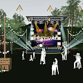 Campsite With Stage String Lights And People Enjoying Evening Music Event On Grass