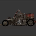 Modified Military Vehicle With Spiked Front Large Tires Rustic Metal Frame And Red Accents