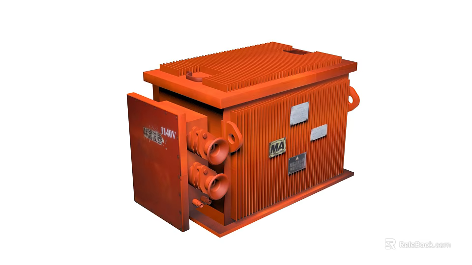 Orange Heavy Duty Industrial Power Transformer With Cooling Fins And Metal Connectors 3d model 