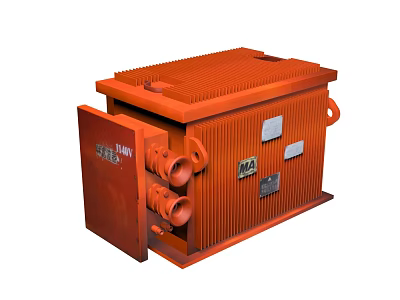 Orange Heavy Duty Industrial Power Transformer With Cooling Fins And Metal Connectors 3d model