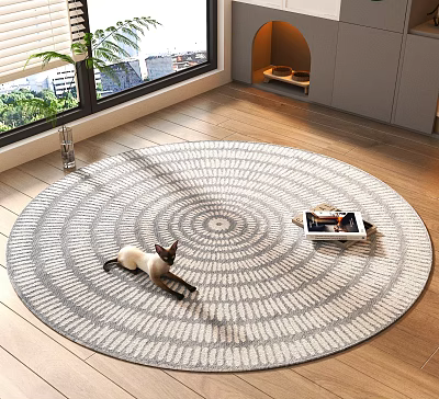 Woven Round Area Rug Design With Cat On Tray And Tablet On Wooden Floor 3d model